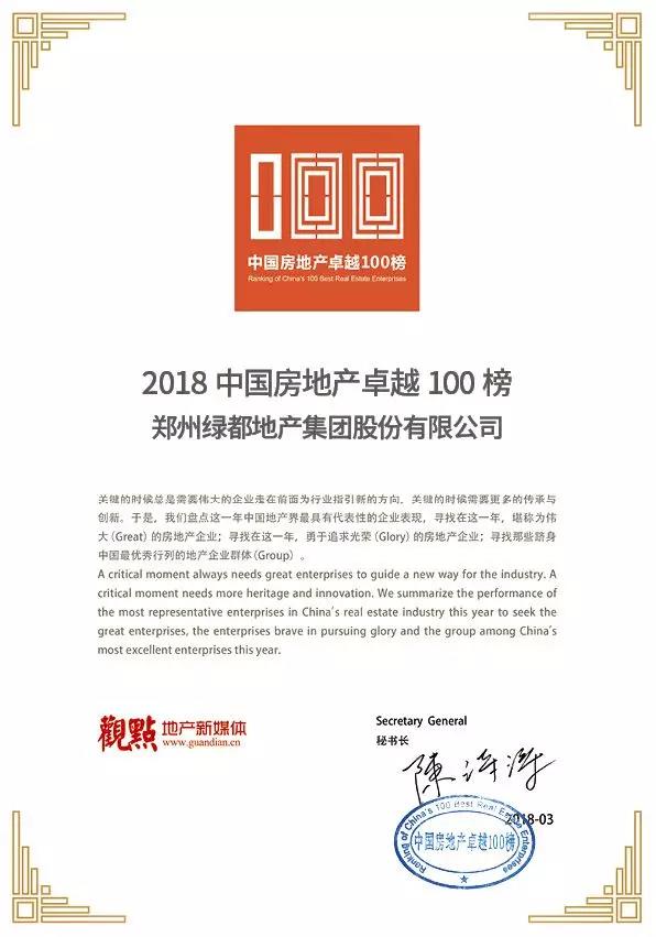 再获佳绩，，，，，1xbet官方app地产荣登“2018中国房地产卓越100榜”